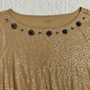 LOFT Beige Sequin and Bead Embellished 3/4 Sleeve Top